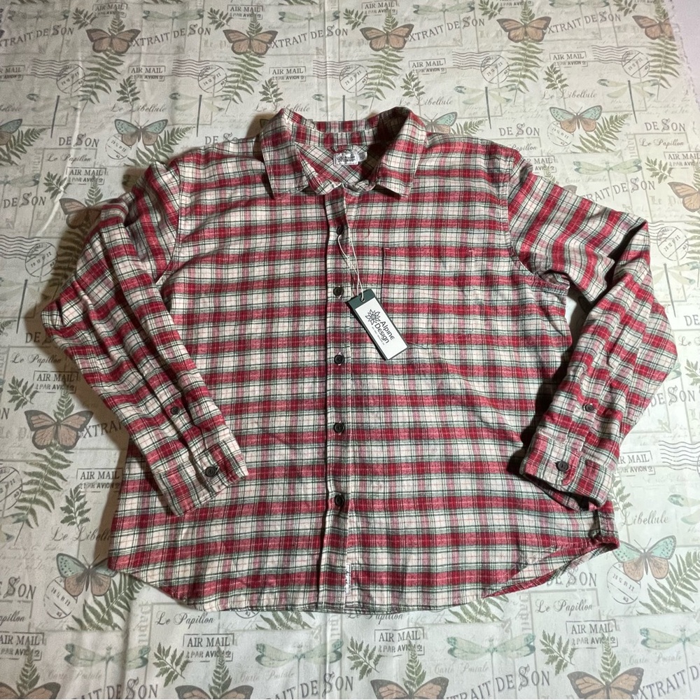 Alpine Design Shirt Womens small Red Cream sky pond Plaid‎ Midweight Flannel XL